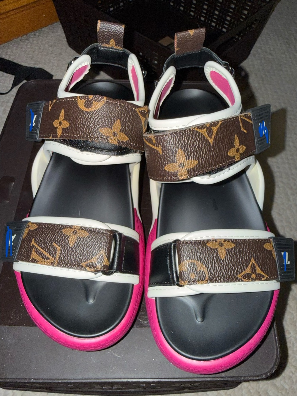 Kids Brown Monogram Strap Sandals with Pink Accents